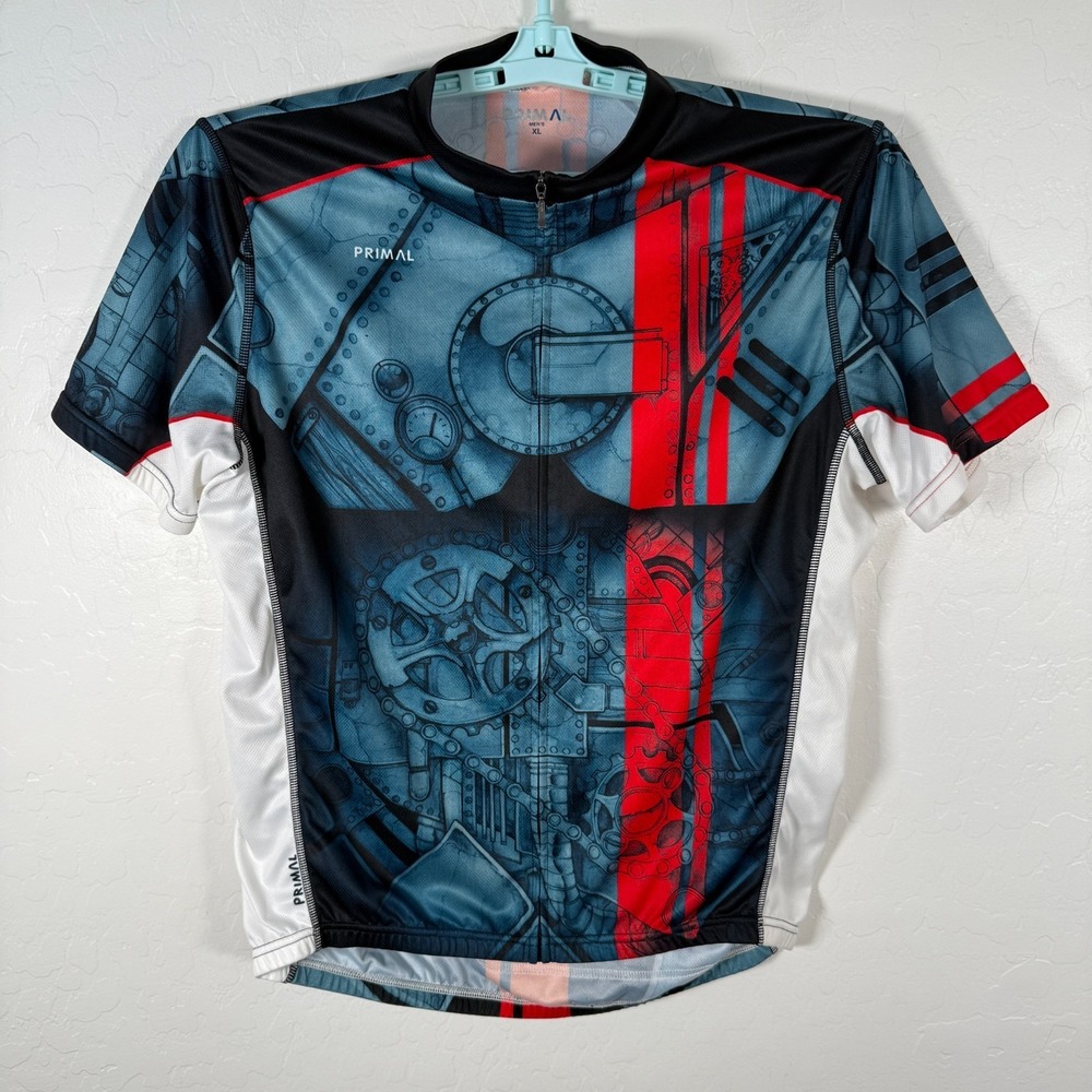 Primal Cycling Jersey Shirt Mens‎ XL Blue Black Full Zip Gears Machine Print